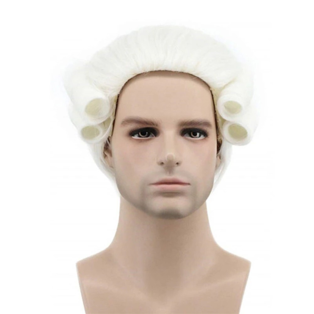 White Lawyer Judge Curly Male Wigs Deluxe Long Synthetic Cosplay Wig+Wig Cap OS